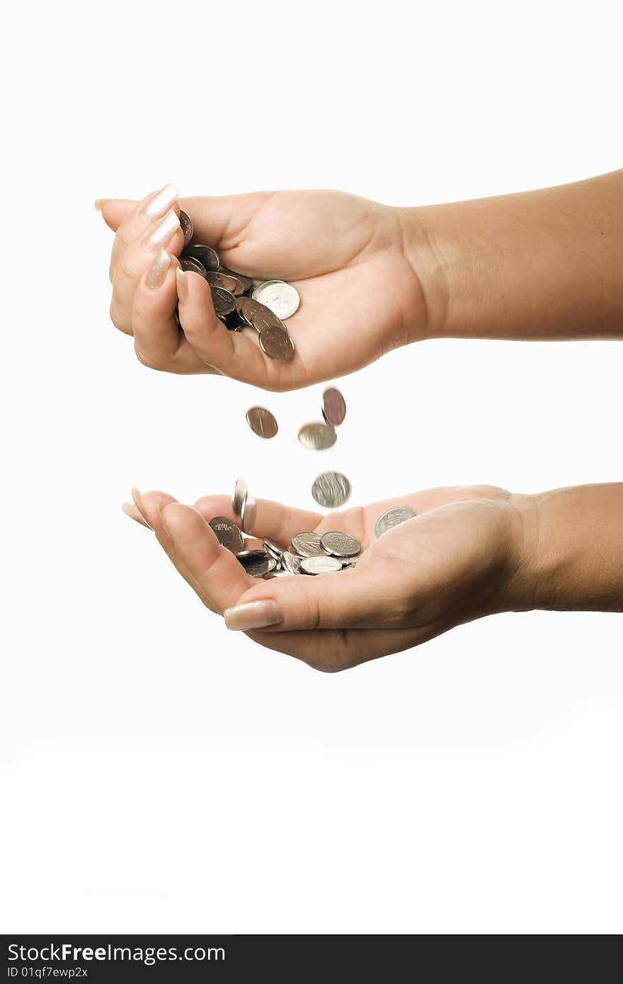 Coins on the palm on a white background. Coins on the palm on a white background.