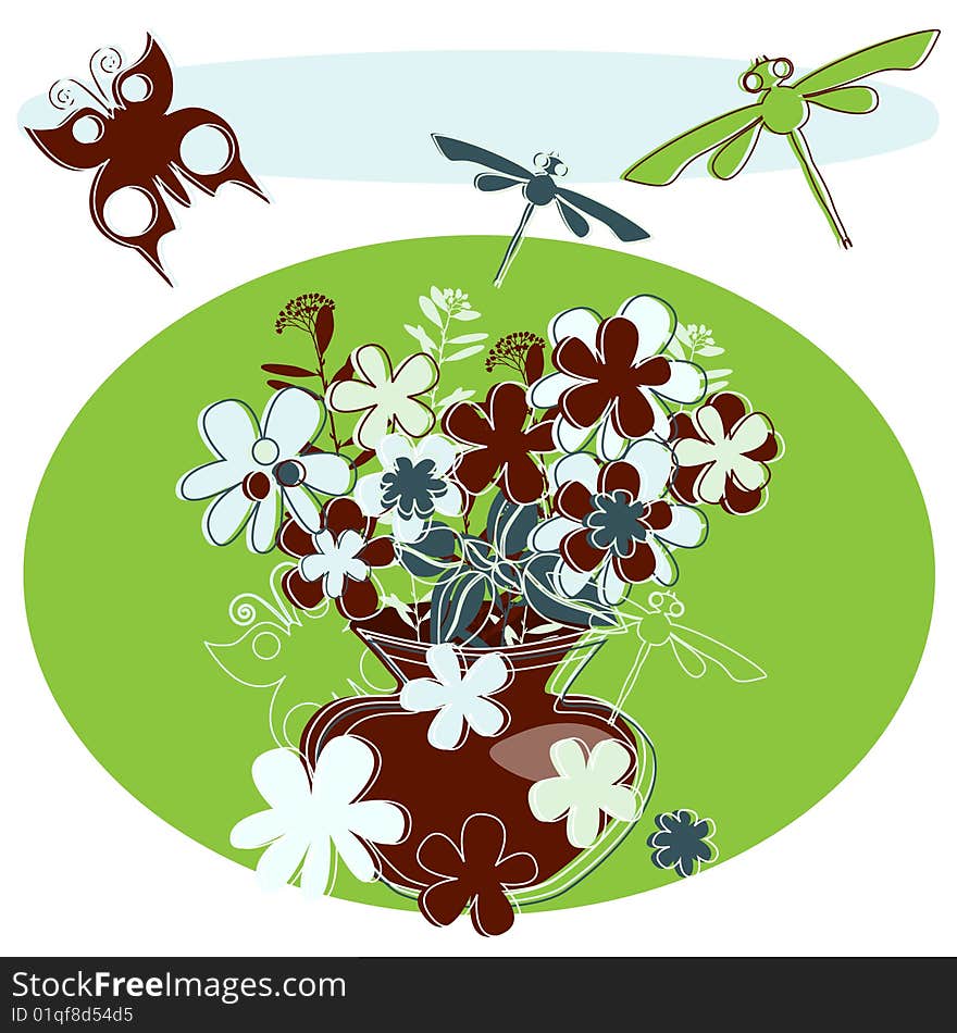 Stylized bouquet of flowers in vase, on which fly insect. Stylized bouquet of flowers in vase, on which fly insect