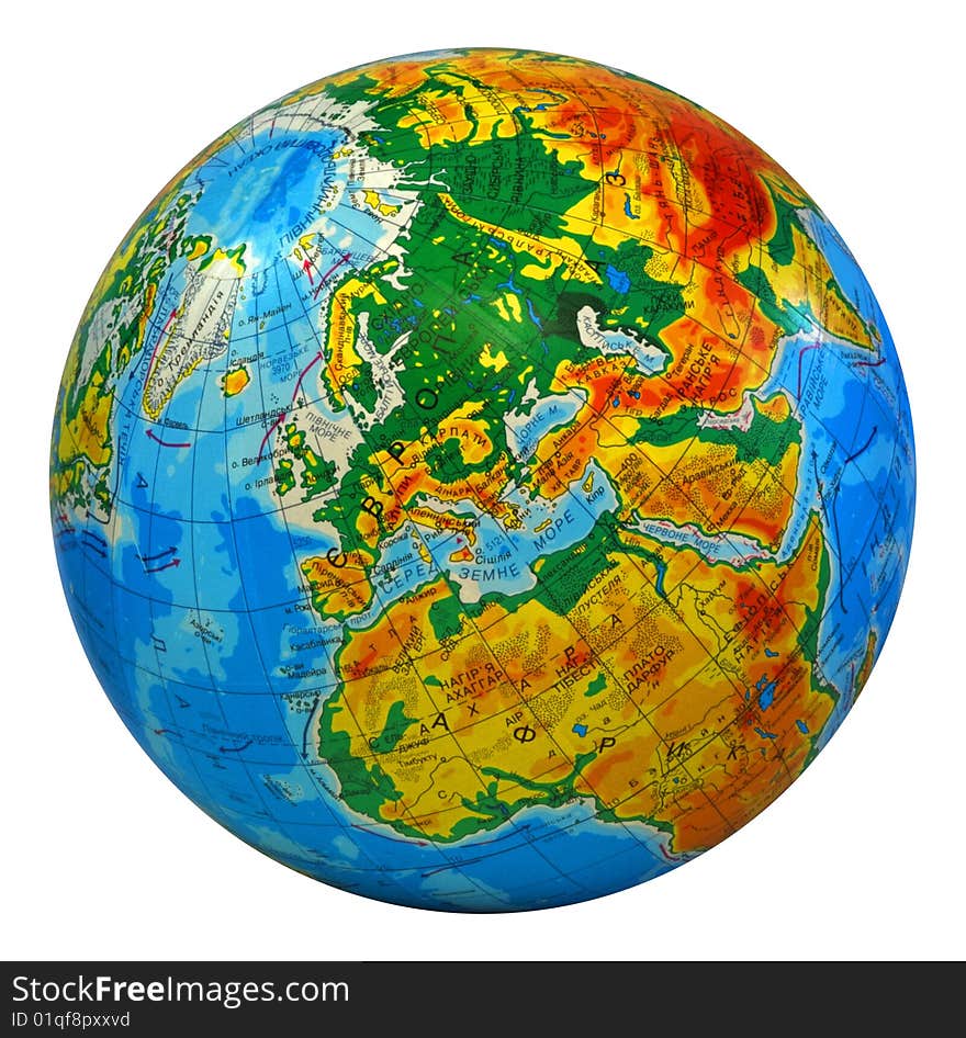 Image of earth in a center Europe with inscriptions in Ukrainian language. Image of earth in a center Europe with inscriptions in Ukrainian language