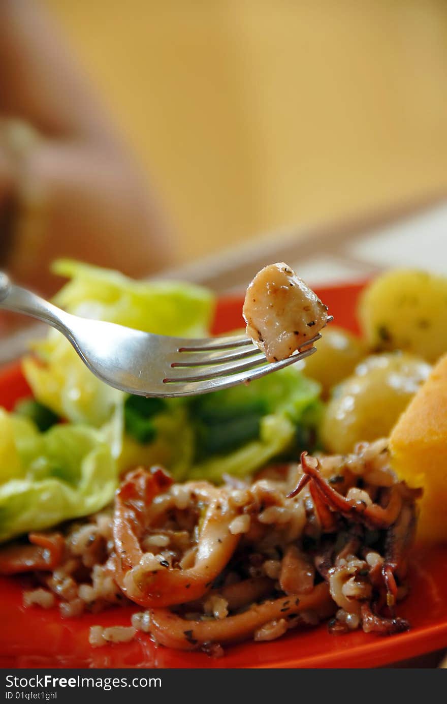 Squids rice with vegetables on red plate, piece on fork. Squids rice with vegetables on red plate, piece on fork