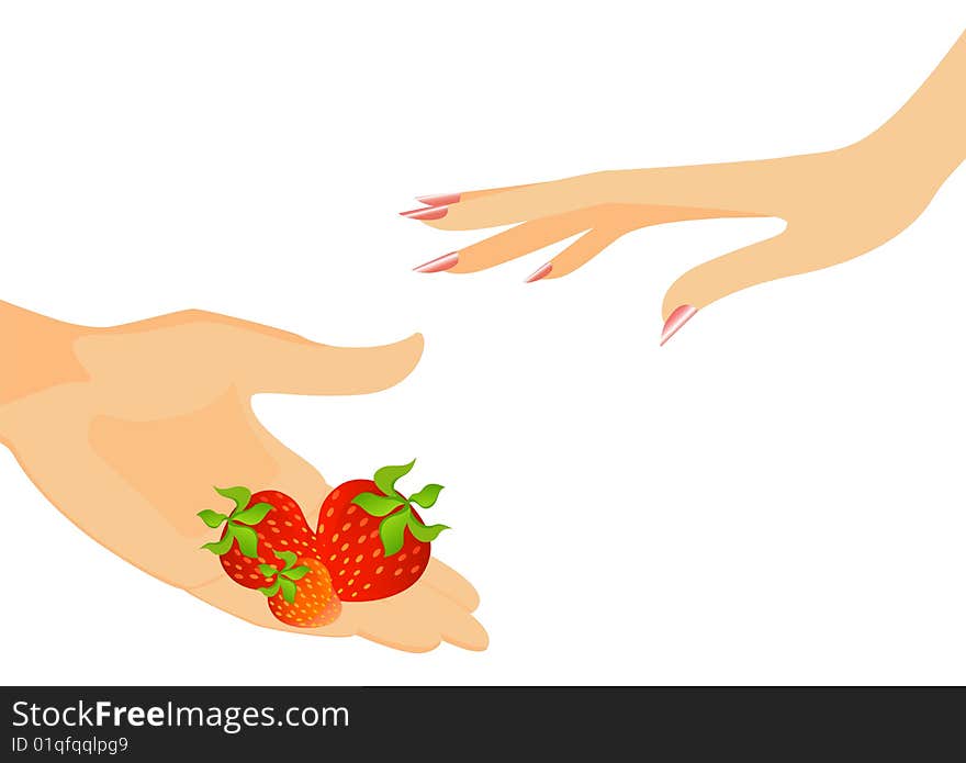 The man's hand gives a strawberry with the butterfly