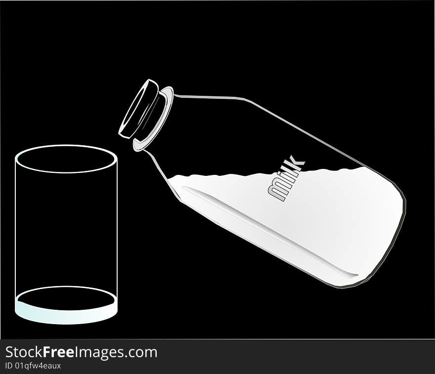 A empty glass, and a half full bottle of milk waiting to be poured... White on black background. A empty glass, and a half full bottle of milk waiting to be poured... White on black background.