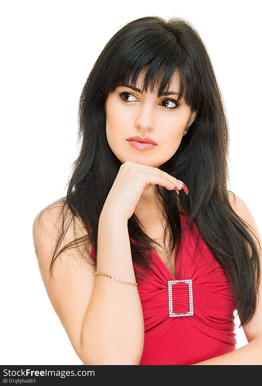 Portrait of charming girl in red dress on white background. Portrait of charming girl in red dress on white background