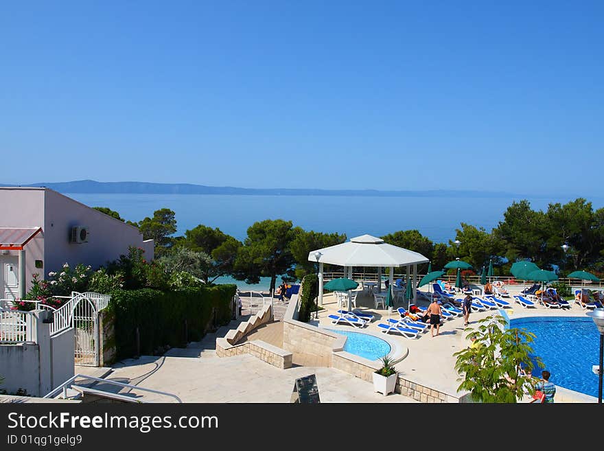 View on sea and swimming pool from the beach hotel