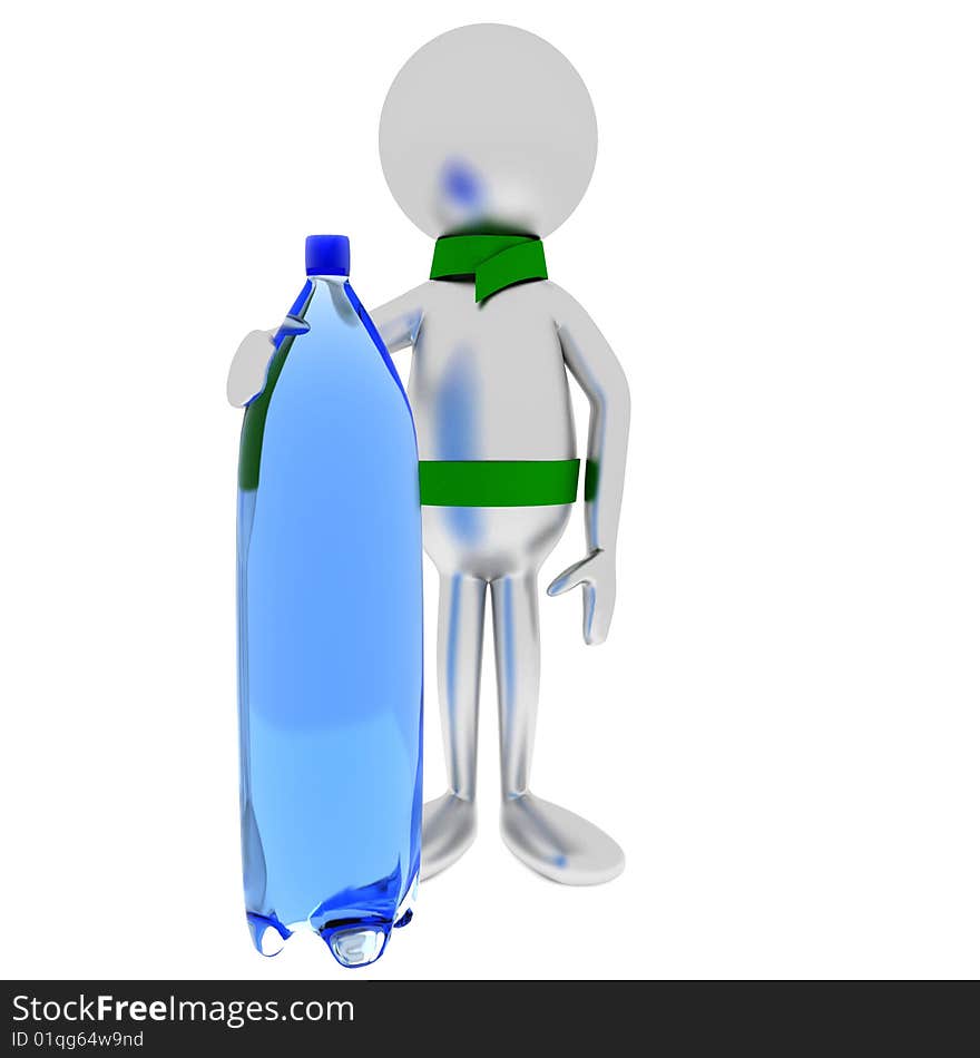 3D man holds bottle isolated on white. 3D man holds bottle isolated on white