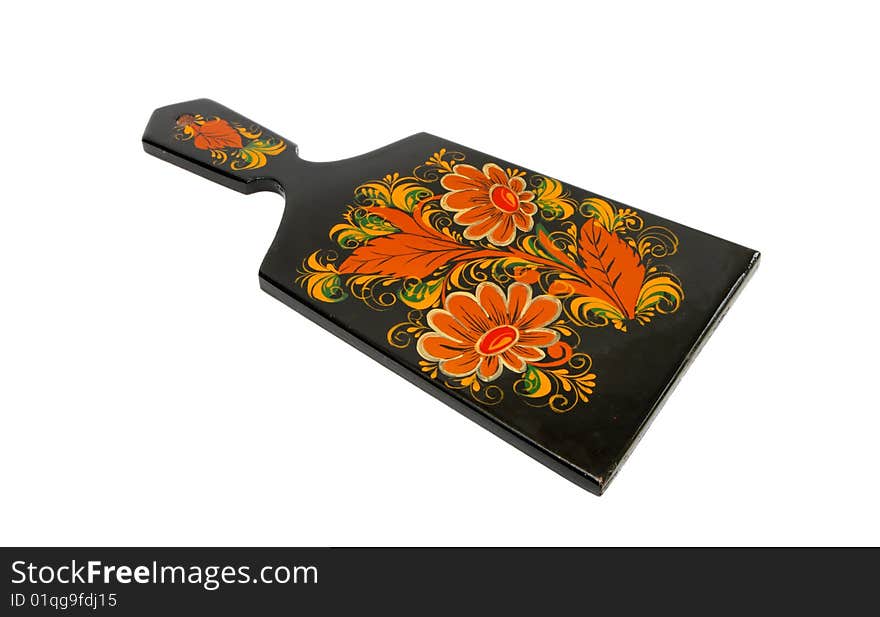 Russian traditional black cutting board painted with flowers isolated. Russian traditional black cutting board painted with flowers isolated