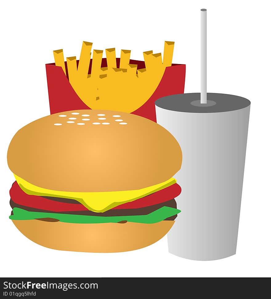 Vector illustration of fastfood: French fries, soda and hamburger.