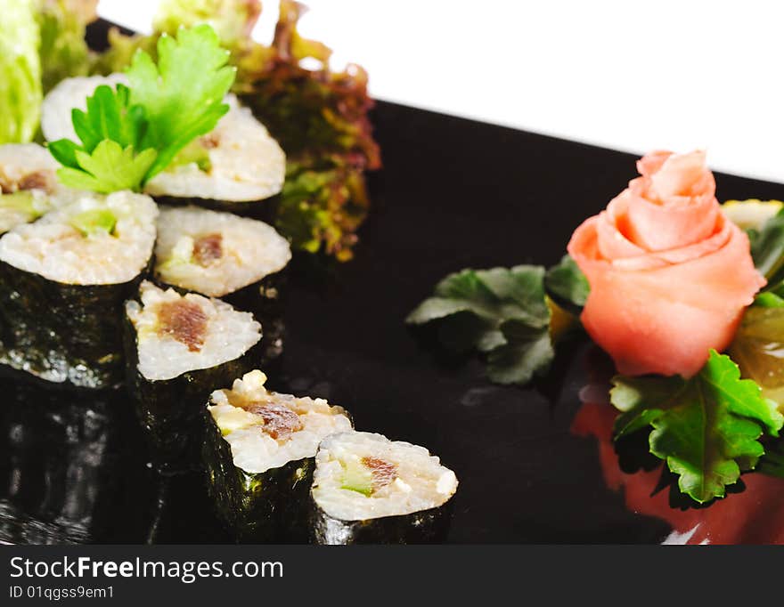 Japanese Cuisine - Sushi with Salad Leaf and Parsley