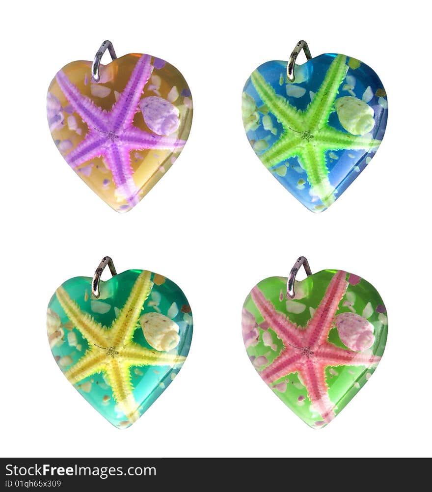 There are four starfish and some little shells in the colorful hearts. There are four starfish and some little shells in the colorful hearts.