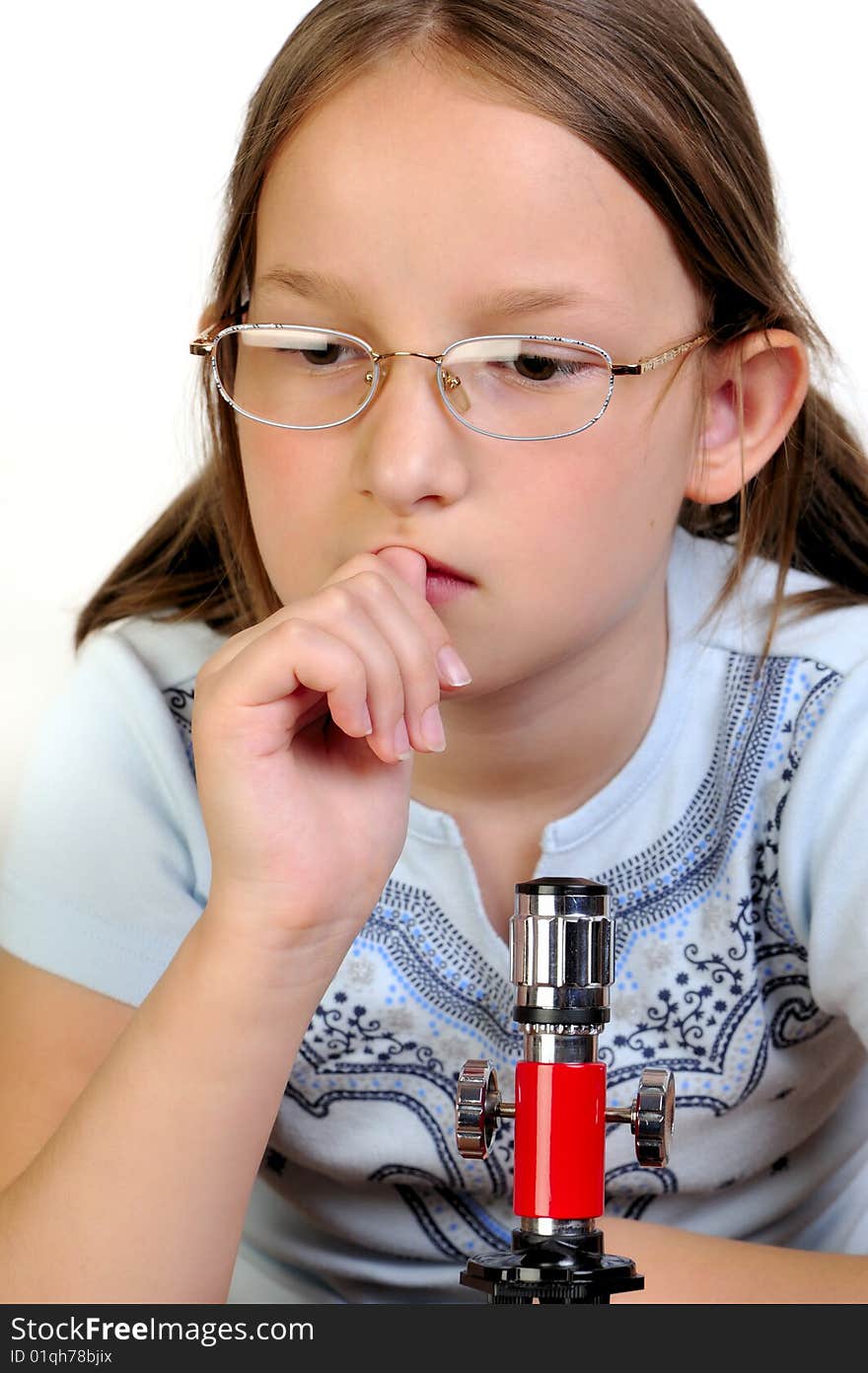 Girl Studying Something With Microscope