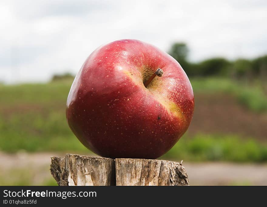 Ripe red apple on a column, against a background of dark sky