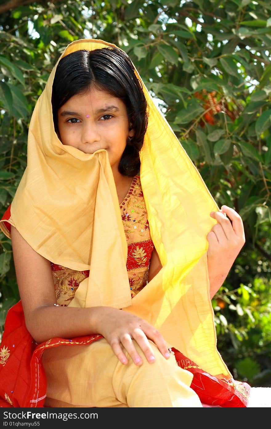 A traditional Indian girl holding her golden scarf in her mouth displaying a unique ethnic style. A traditional Indian girl holding her golden scarf in her mouth displaying a unique ethnic style.