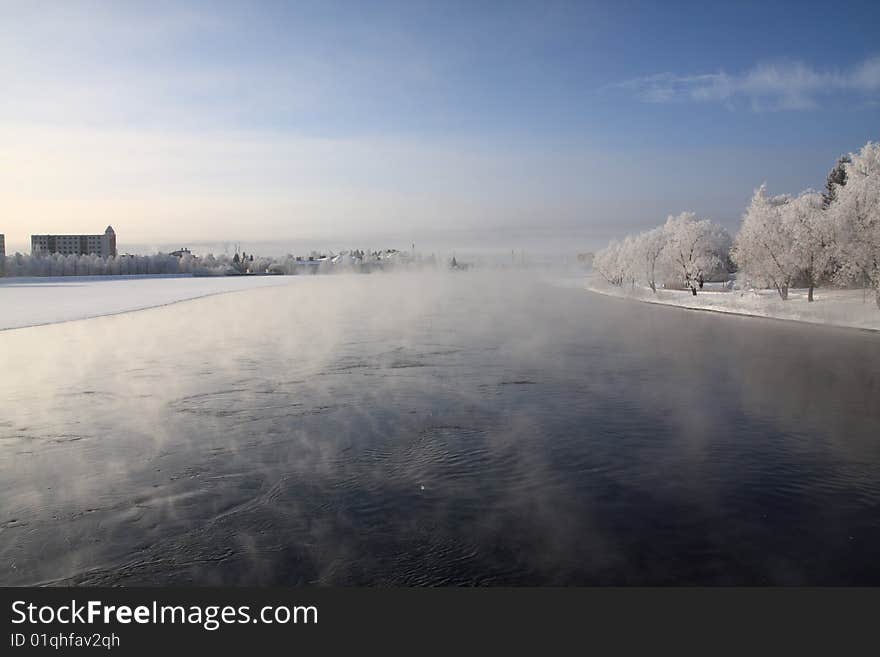 Very cold day, view over a river in Finland