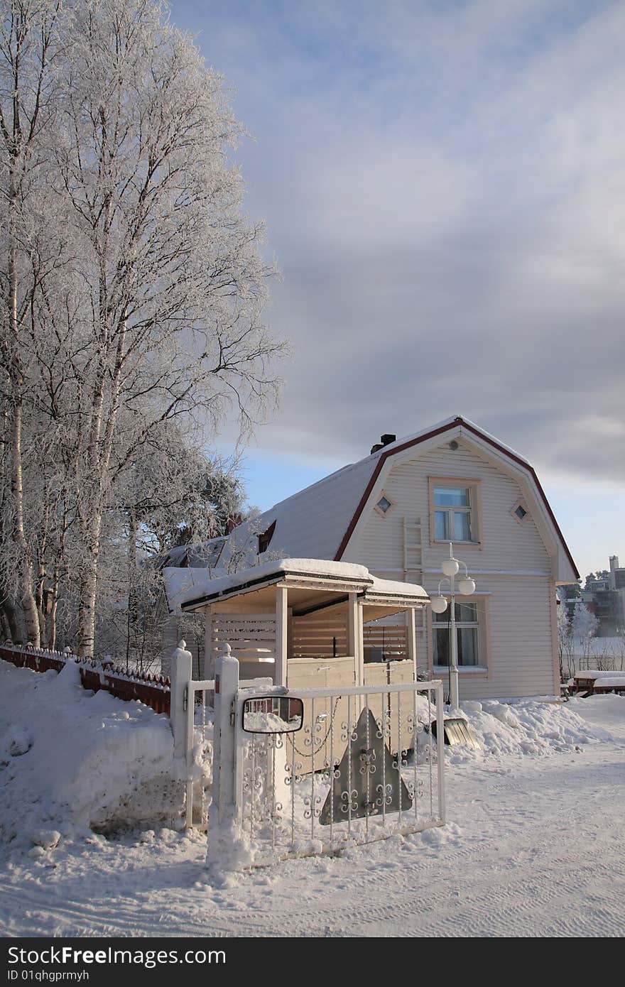 Very cold day, view over a neighbourhood in Finland