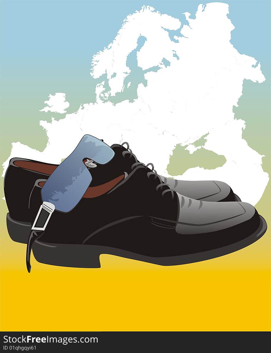 Masculine shoes and glasses on the map of Europe