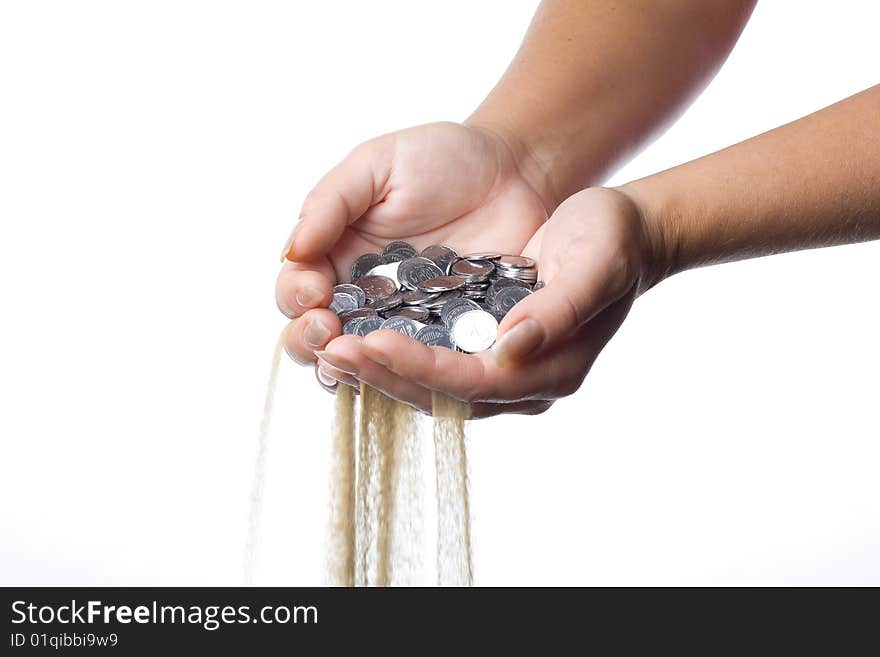 Coins on the palms on a white background. Coins on the palms on a white background.