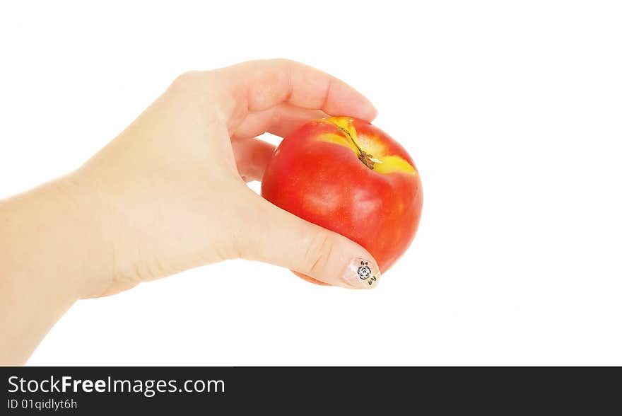 One big fresh nectarine in the human arm isolated on the white. One big fresh nectarine in the human arm isolated on the white.