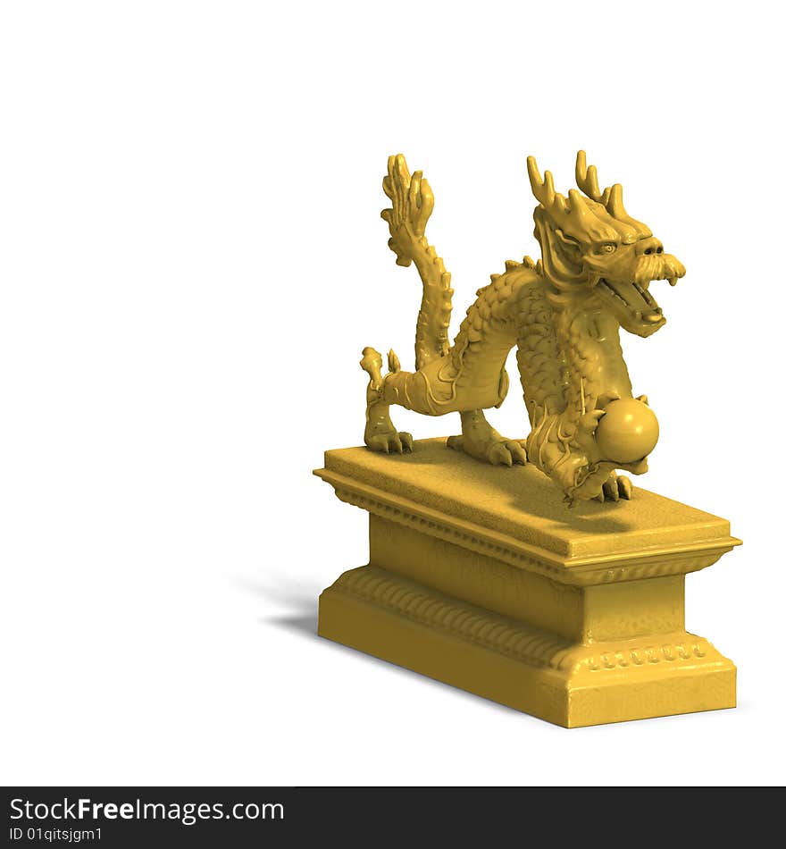 A golden dragon with a ball. 3D Render with clipping path and shadow over white. A golden dragon with a ball. 3D Render with clipping path and shadow over white