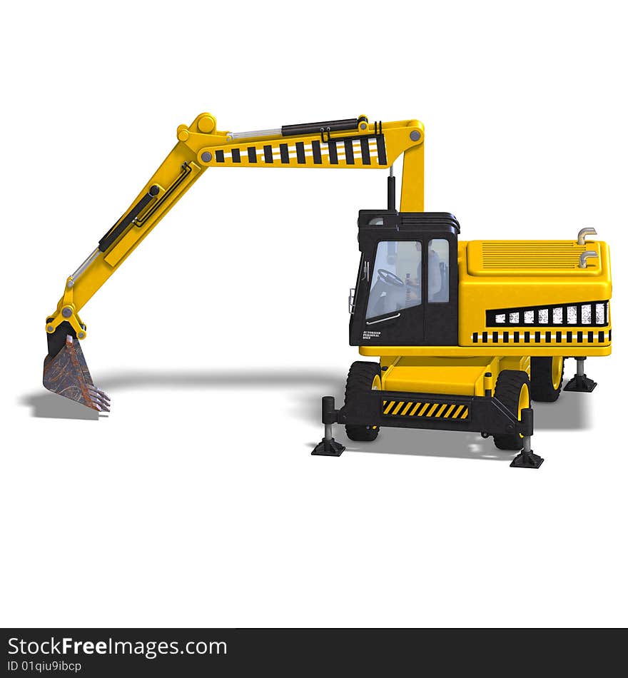 Rendering of a wheel excavator with Clipping Path and shadow over white