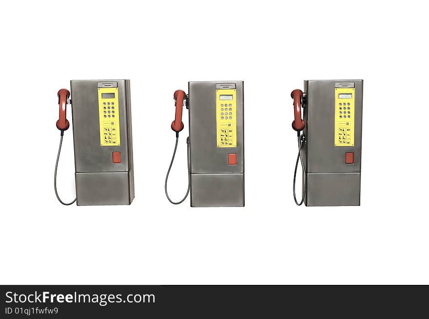 Three public payphones with red handsets and yellow button panels, isolated on white. Three public payphones with red handsets and yellow button panels, isolated on white.