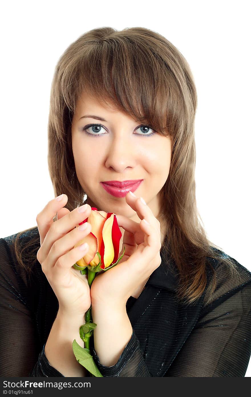 Young caucasian woman on white background