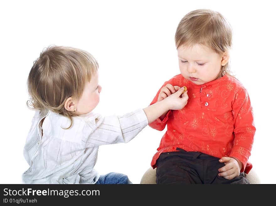 Two little funny girls on white background