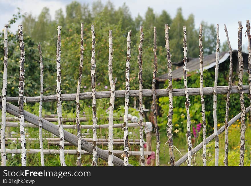 Old fence and kitchen garden behind it. Old fence and kitchen garden behind it