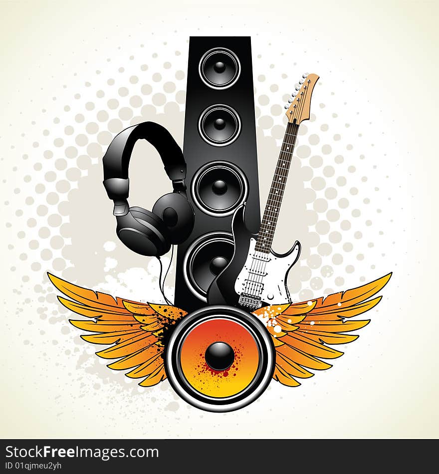 Speaker with wings and equipment on grunge background