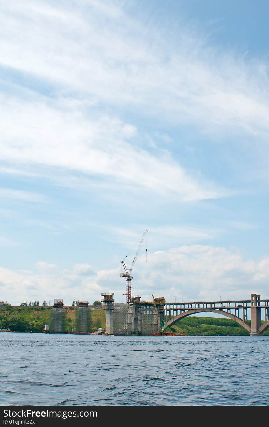 Bridge construction on the river dniper, ukraine