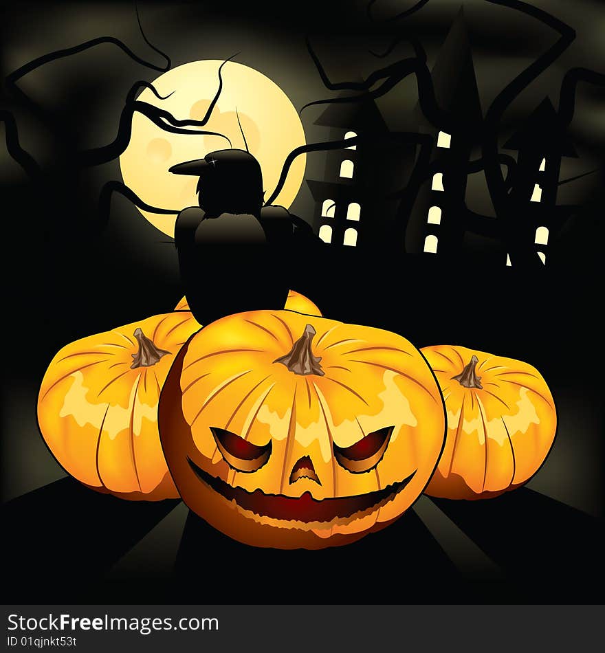 There are terrible pumpkin, crow and mysterious house on dark background