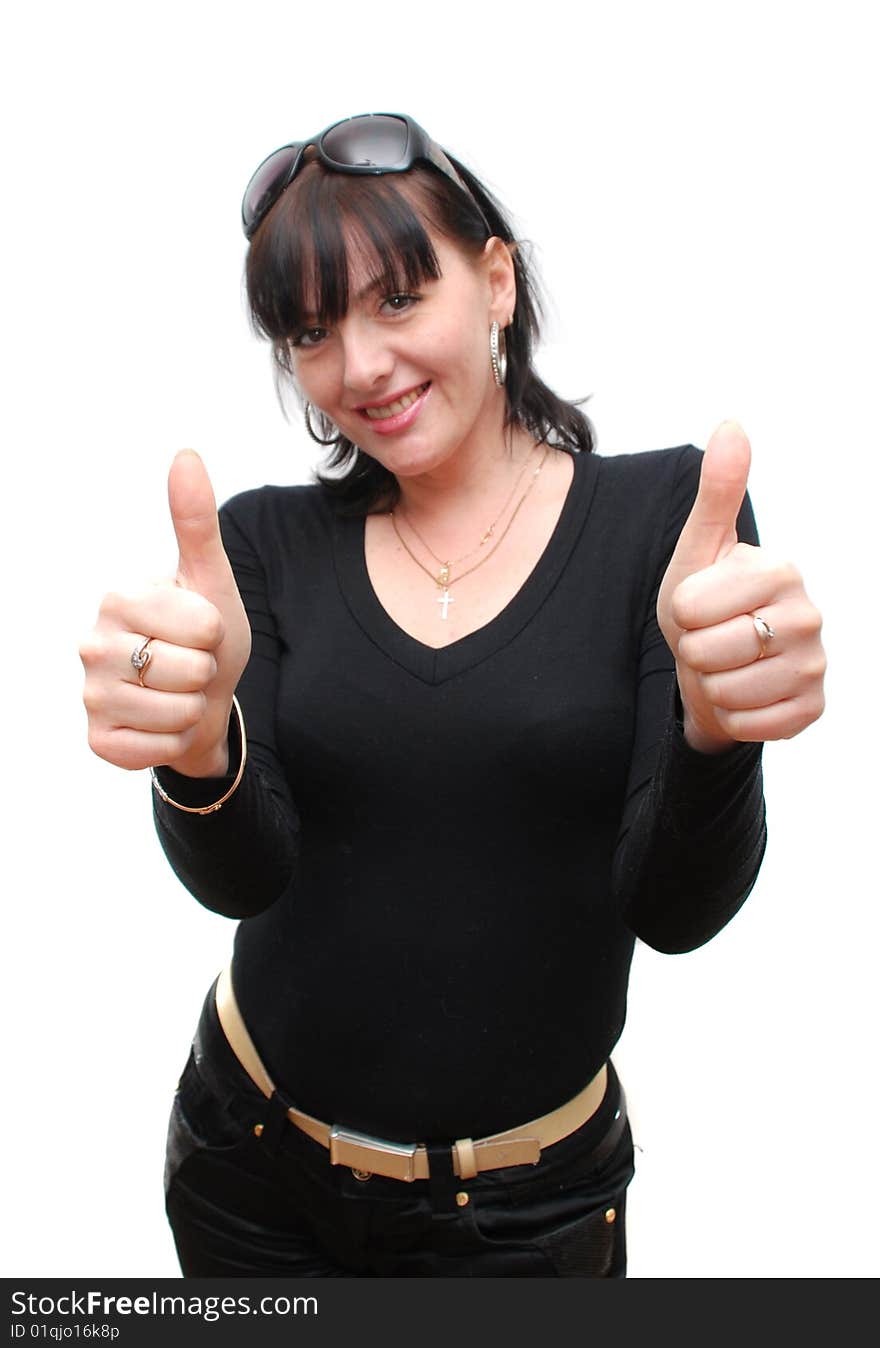 Brunette woman with both thumbs up. Brunette woman with both thumbs up