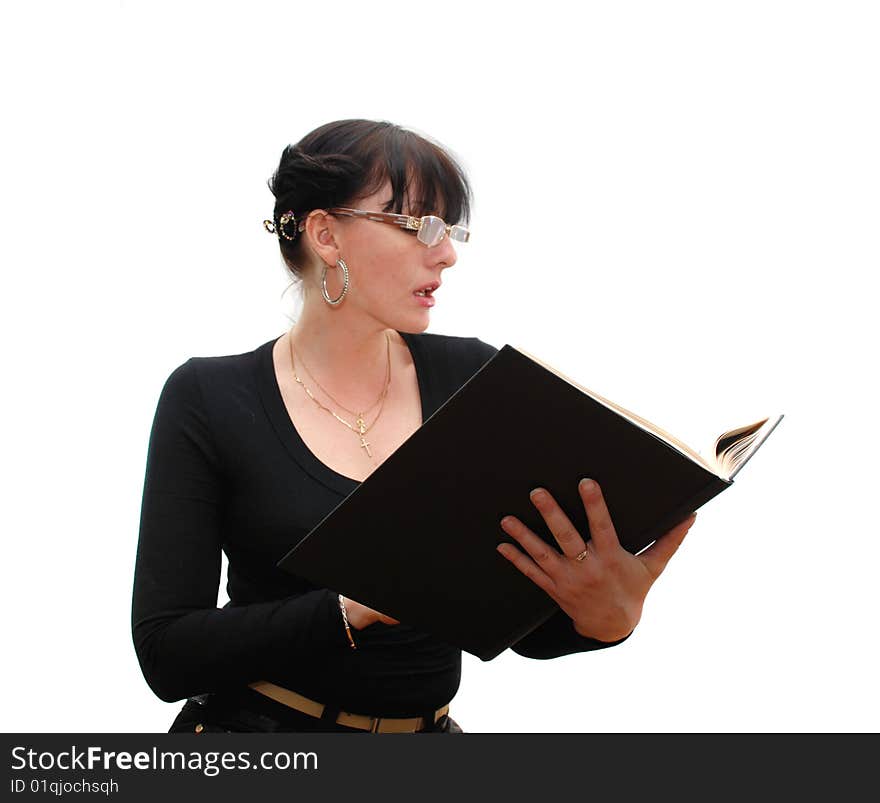 Women in Black holds a book on white background. Women in Black holds a book on white background