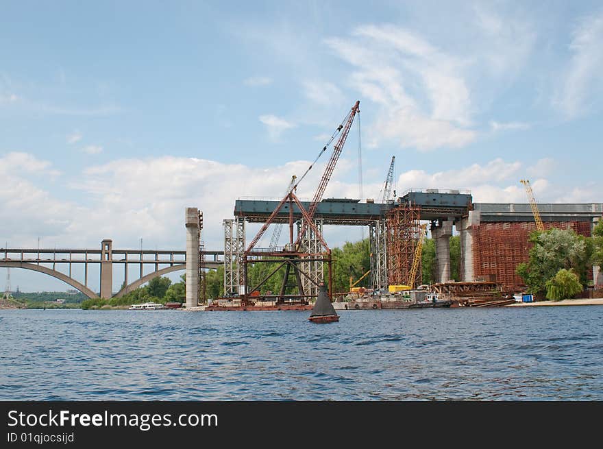 Bridge construction on the river dniper, ukraine