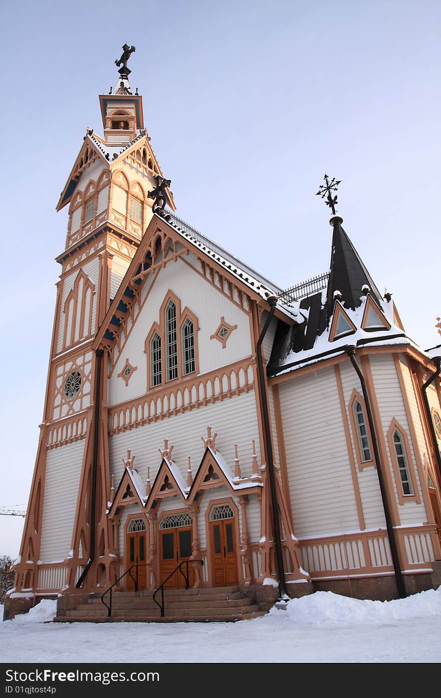 Beautiful wooden church in the town Kajaani, Finland