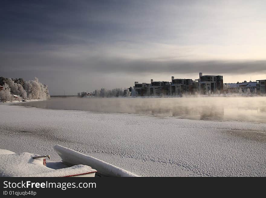 Very cold day, view over a river in Finland