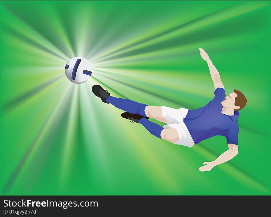 Soccer player weARING BLUE STRIP DOES FLYING KICK. Soccer player weARING BLUE STRIP DOES FLYING KICK