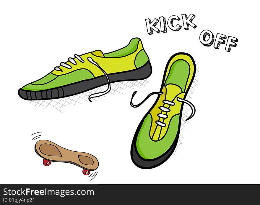 Green trainers with skateboard and text. Vector