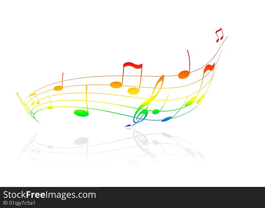 Illustration with music. Colorful notes with reflection. Vector