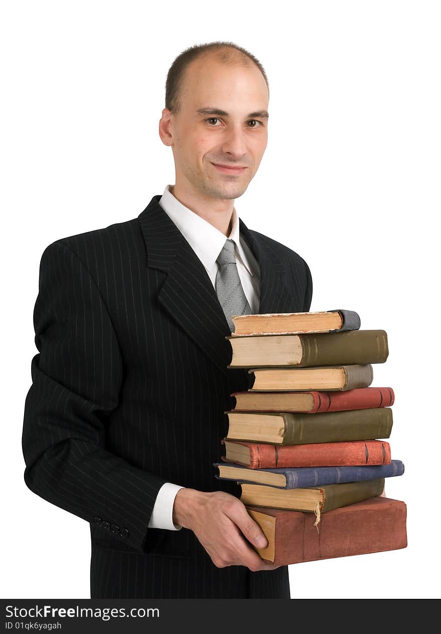 Man with books on white background