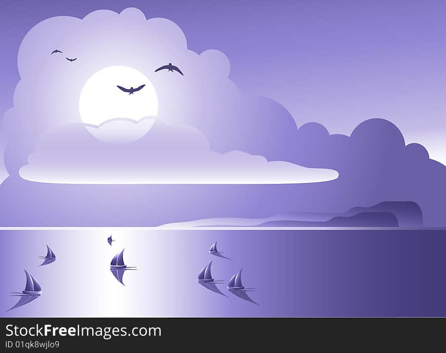 Sailing ships on open ocean with cloudy sky and birds making a romantic scenery. Sailing ships on open ocean with cloudy sky and birds making a romantic scenery