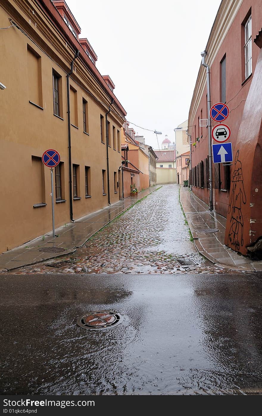 Vilnius old town in rainy day