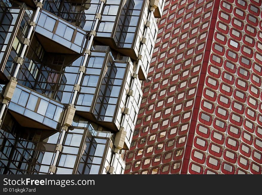 A close up of two colorful modern buildings.