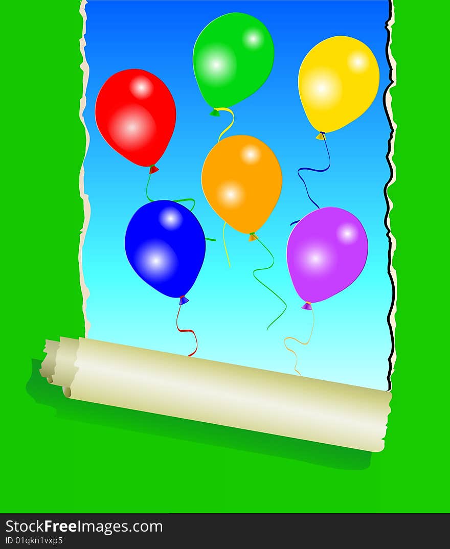 Six colourful party balloons under green ripped wall paper