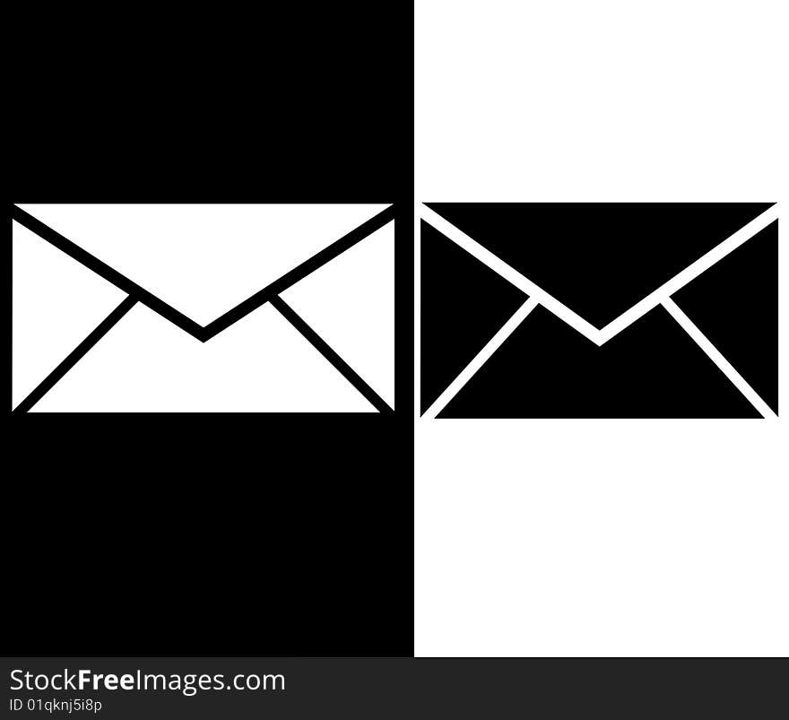 White envelope on a black background and a black envelope on a white background. White envelope on a black background and a black envelope on a white background.