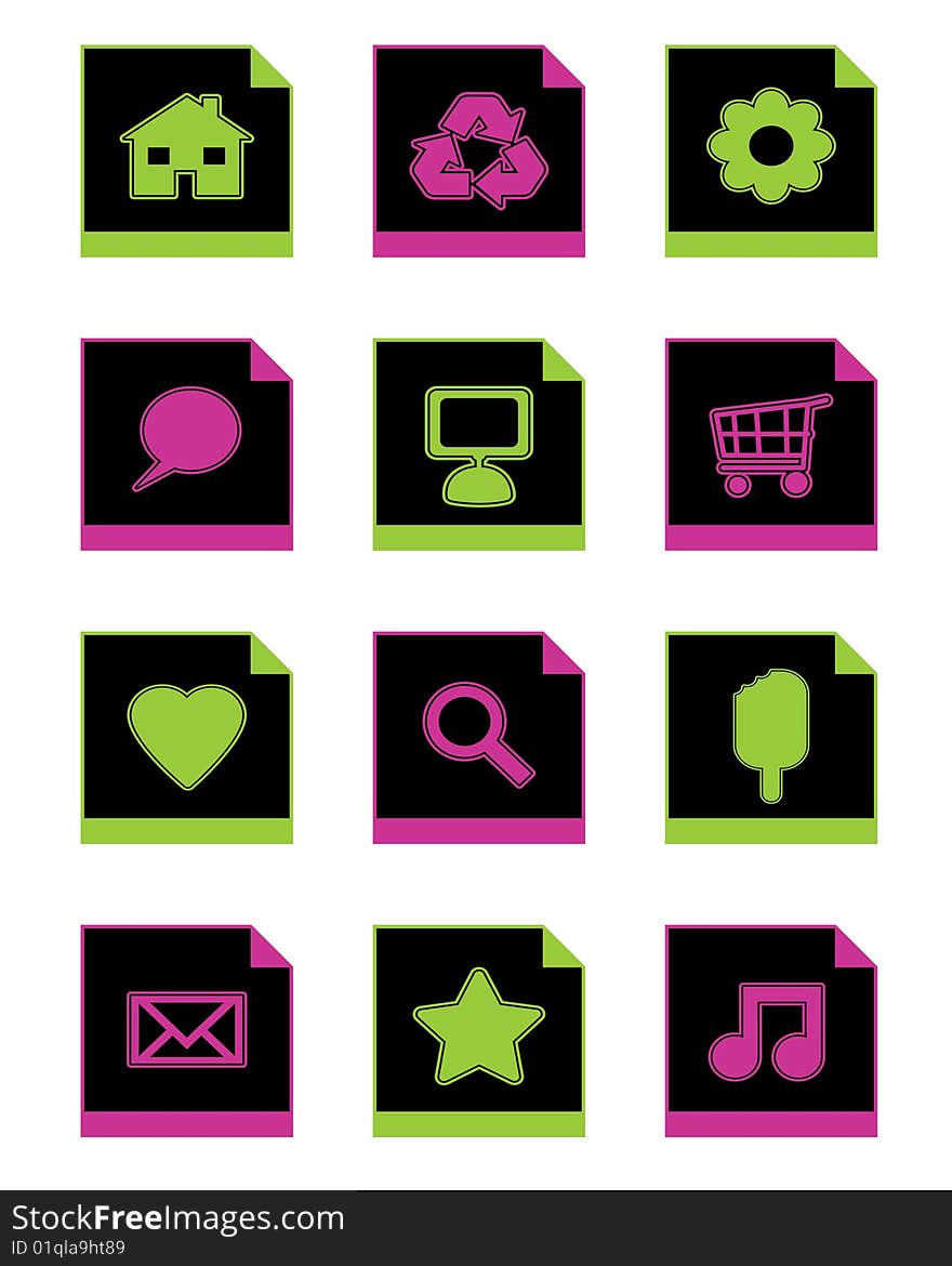 Collection of black application icons, with green and pink, isolated on white. Collection of black application icons, with green and pink, isolated on white