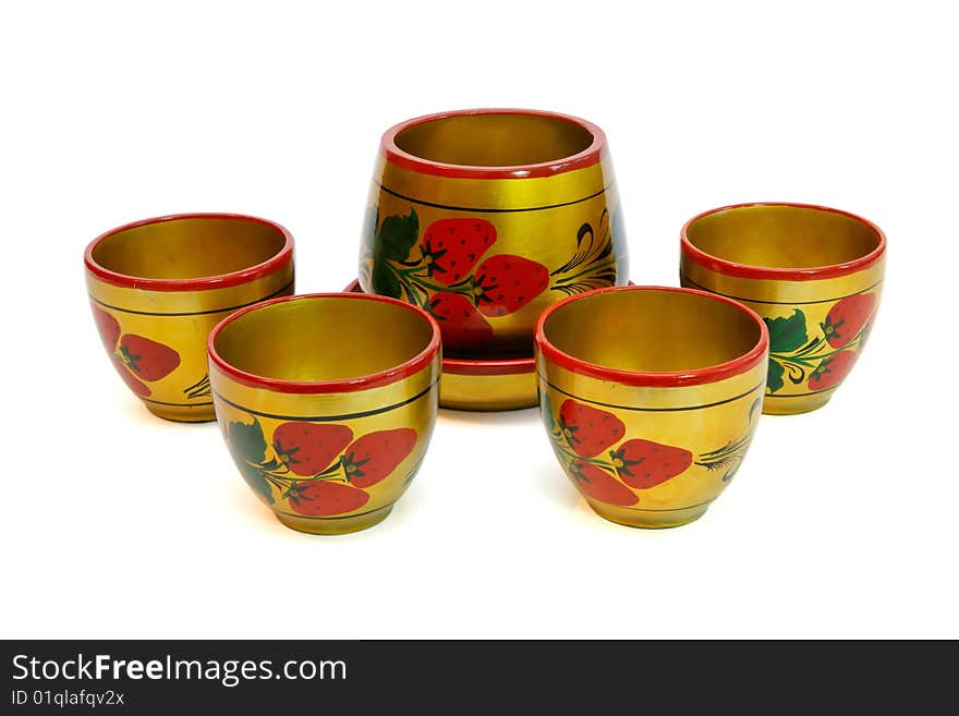 Russian painted wooden honey pot with four cups  i