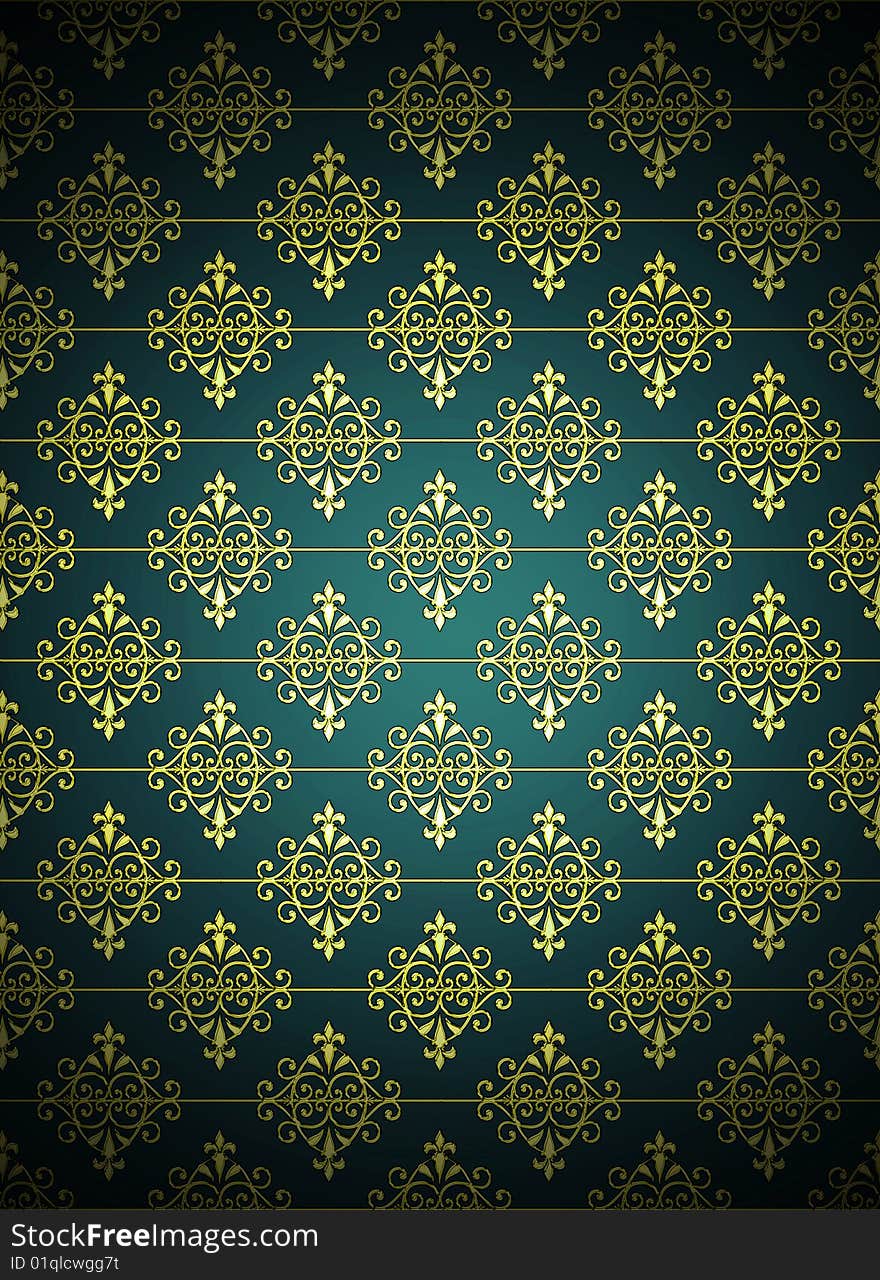 Blue vintage background. Gold pattern