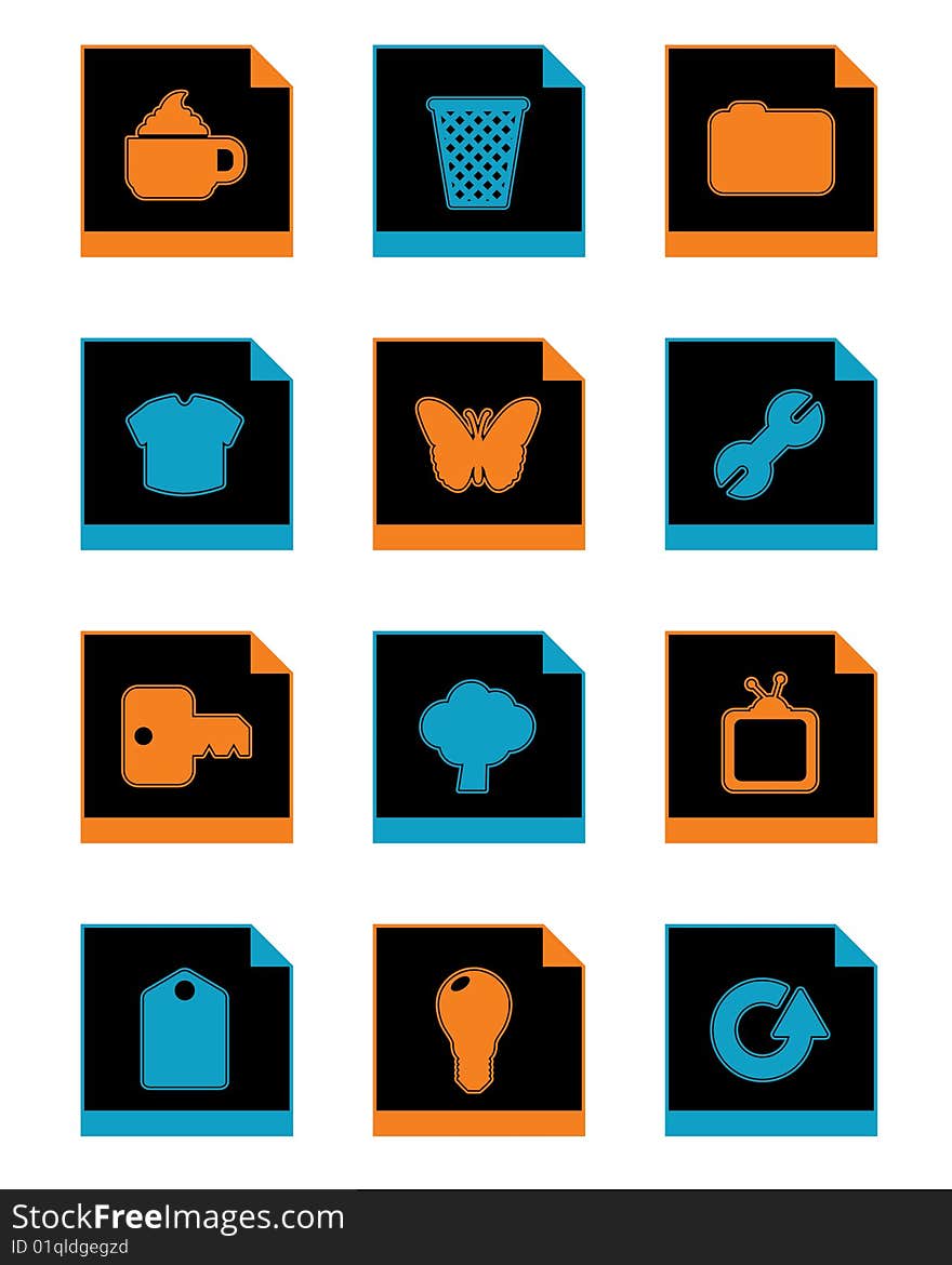 Collection of black application icons, with orange and blue, isolated on white. Collection of black application icons, with orange and blue, isolated on white