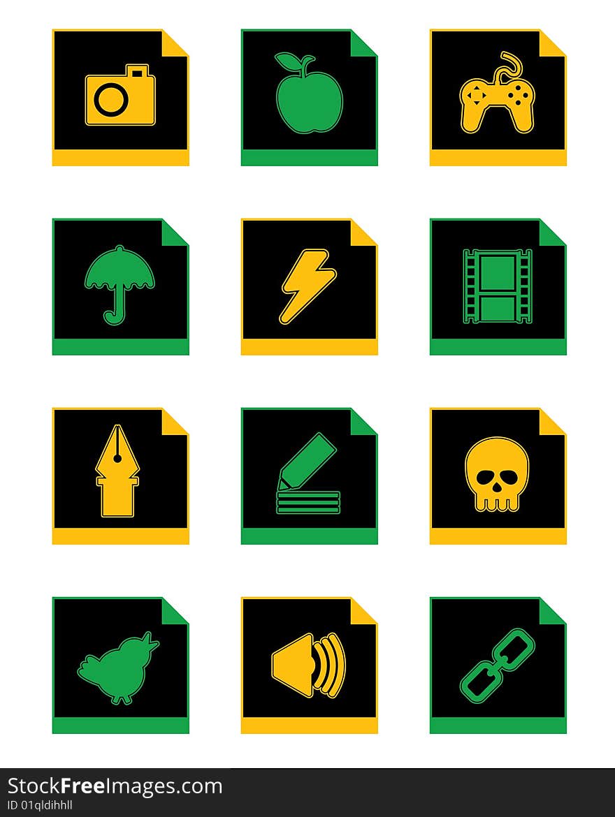 Collection of black application icons, with green and yellow, isolated on white. Collection of black application icons, with green and yellow, isolated on white