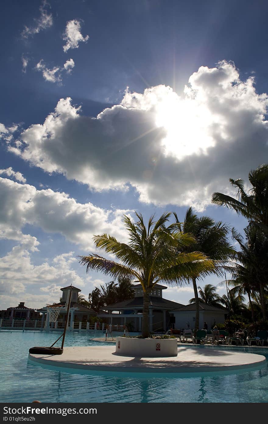 Swimming-pool with palm trees over blue sunny sky. Swimming-pool with palm trees over blue sunny sky